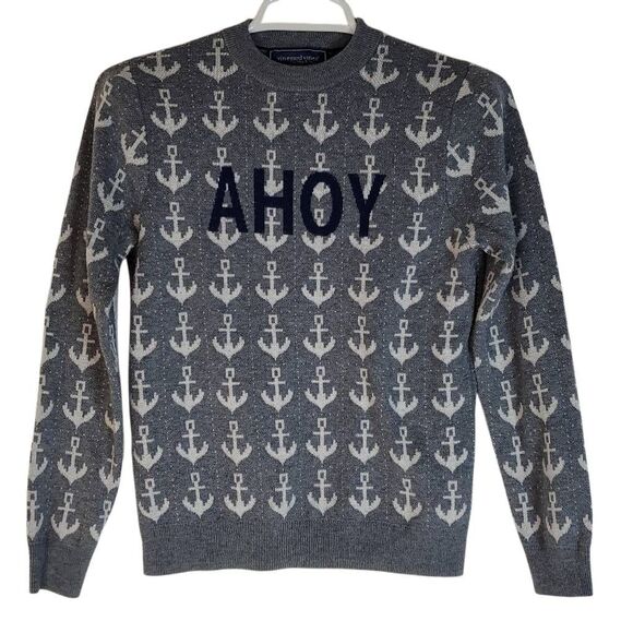 Vineyard Vines Kids Ahoy Anchor Print Merino Wool Blend Sweater Gray Medium - Picture 12 of 13